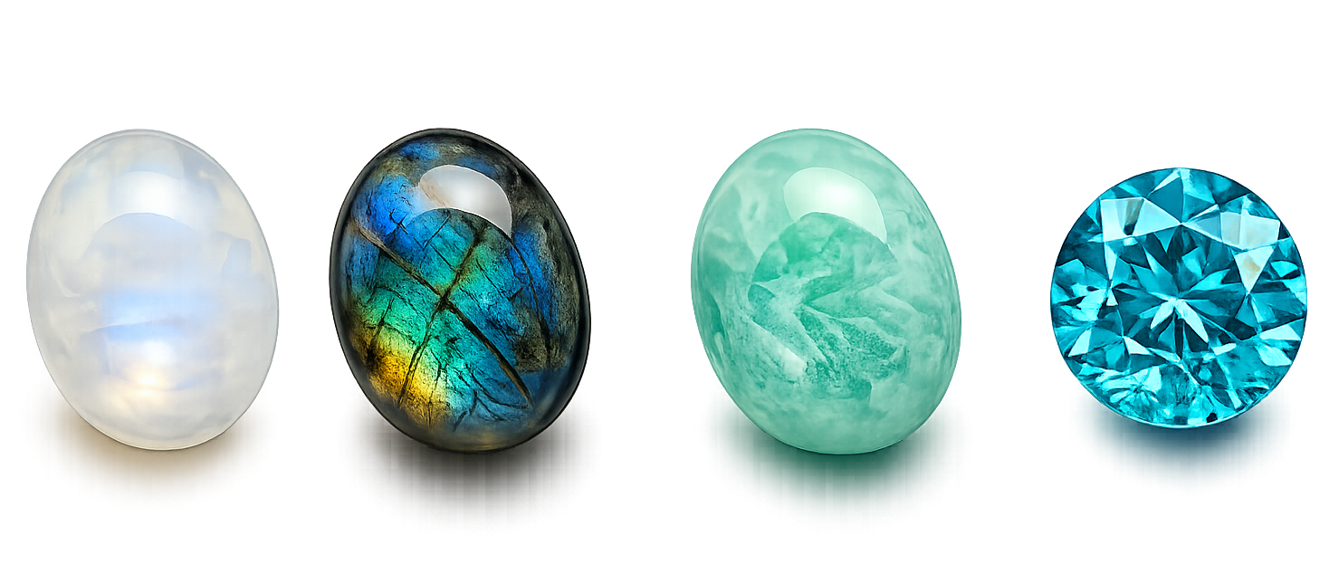 Pierre de lune, labradorite, amazonite et zircon